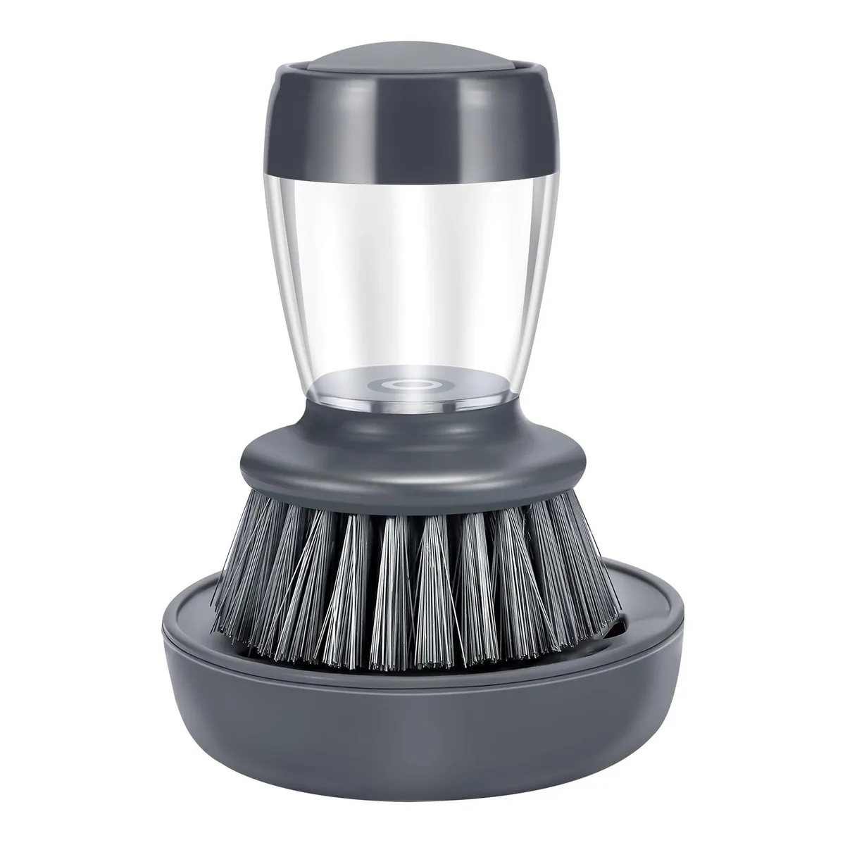 Grey soap-dispensing palm brush with bracket, 10 cm tall