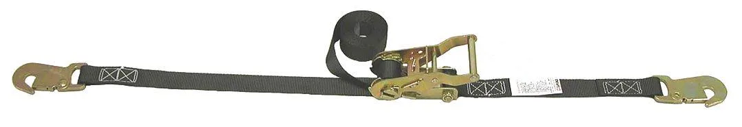 Black 1-inch polyester ratchet strap 10 ft overall with 18 in fixed end and steel snap hooks