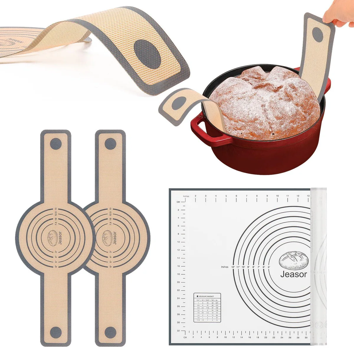 Three grey silicone baking mats with long handles on a flat surface