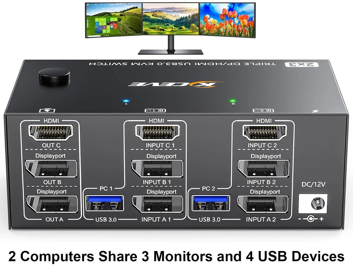 WRIARICH WRIARICH Triple Monitor KVM Switch 2 Computers 3 Monitors HDMI 2 DisplayPort 8K60 4K144 USB 3.0 Wired Remote — product photo