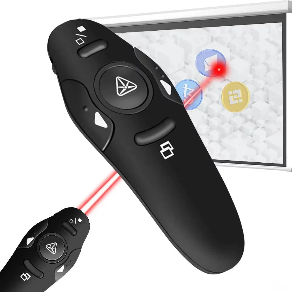 Wireless presenter remote with red laser pointer, USB receiver stored inside, matte black finish