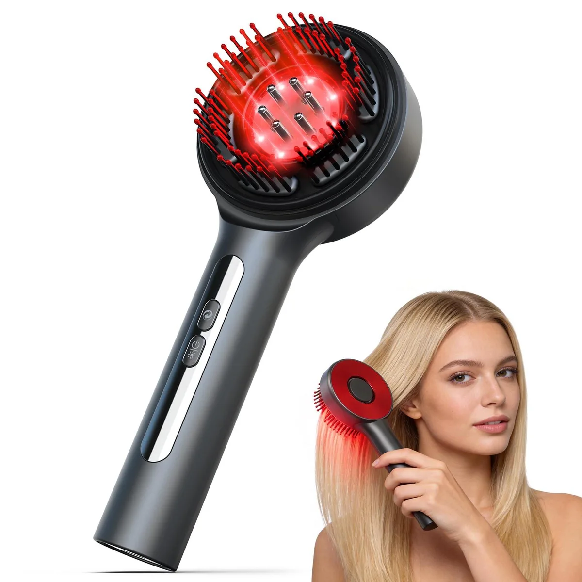 Blue handheld electric scalp massager with bristles and oil rollers