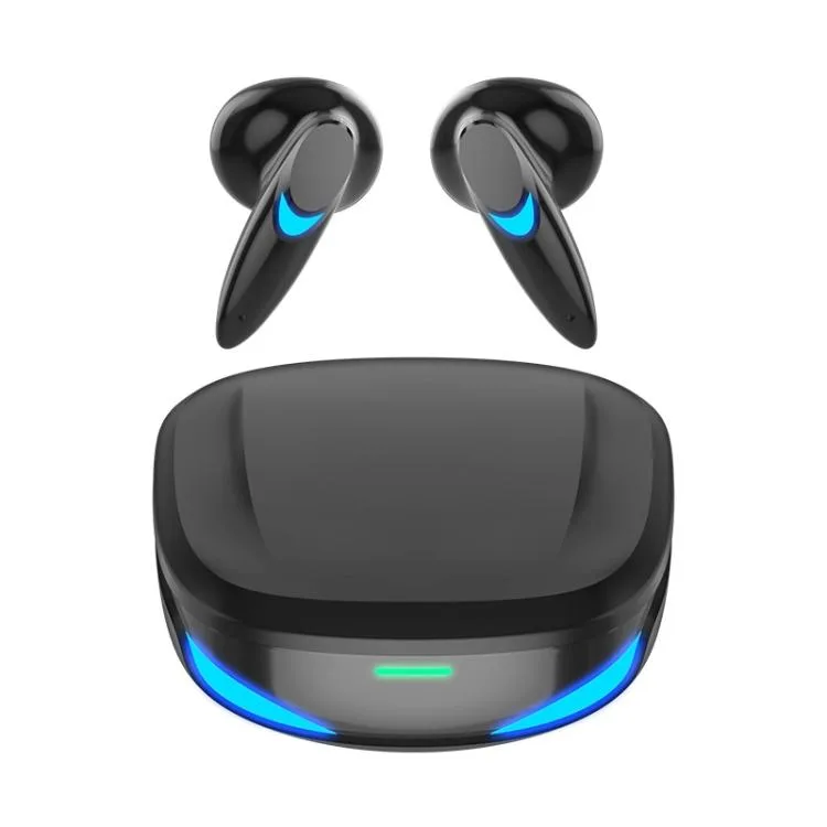 Black true wireless earbuds in a matching charging case