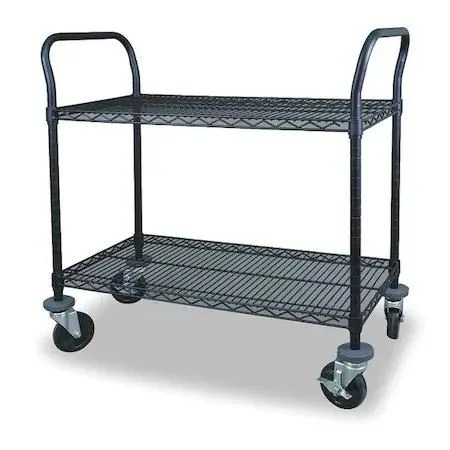 Black steel two-shelf wire cart on four rubber casters with side brakes