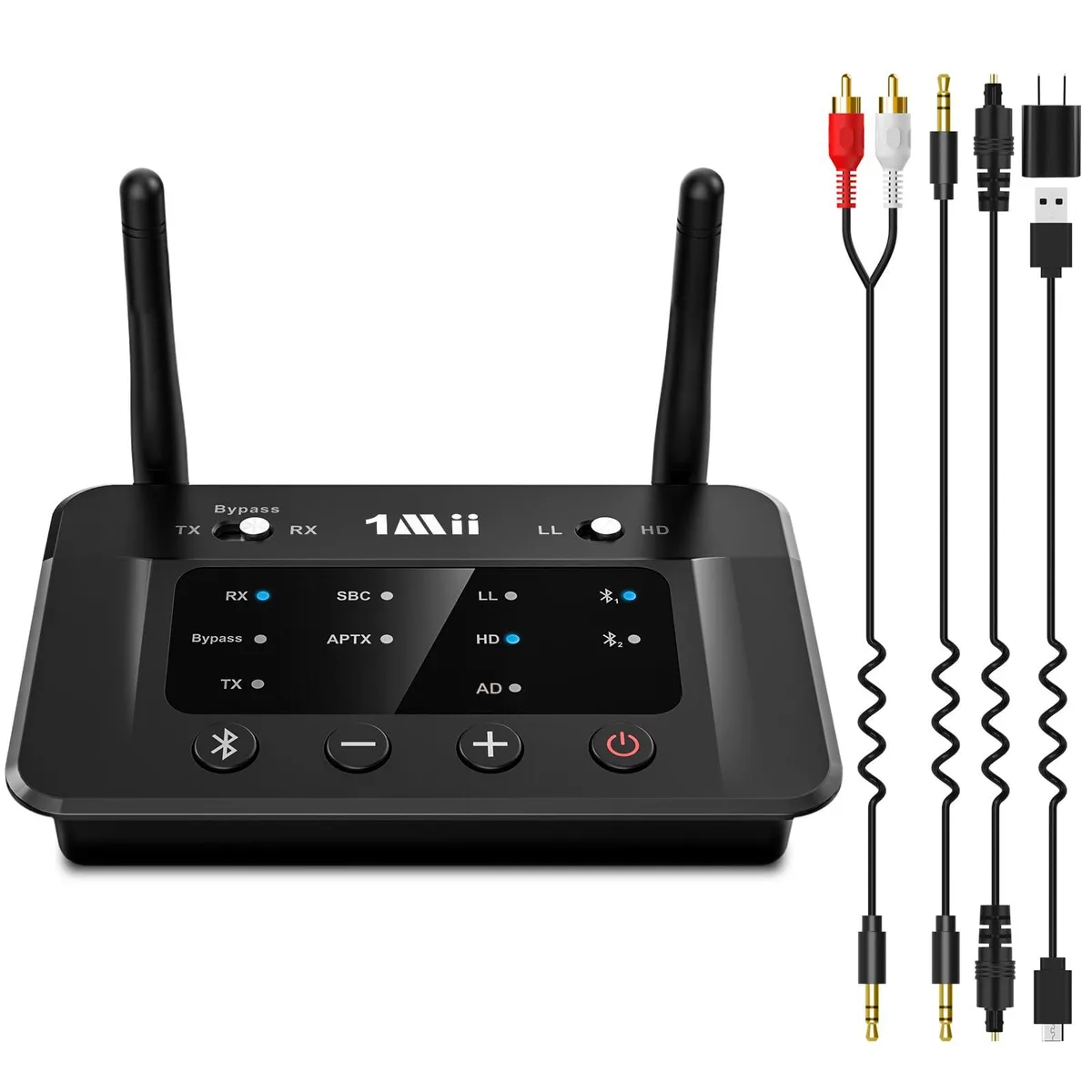 Rectangular black box with volume knob and optical, RCA, 3.5 mm ports