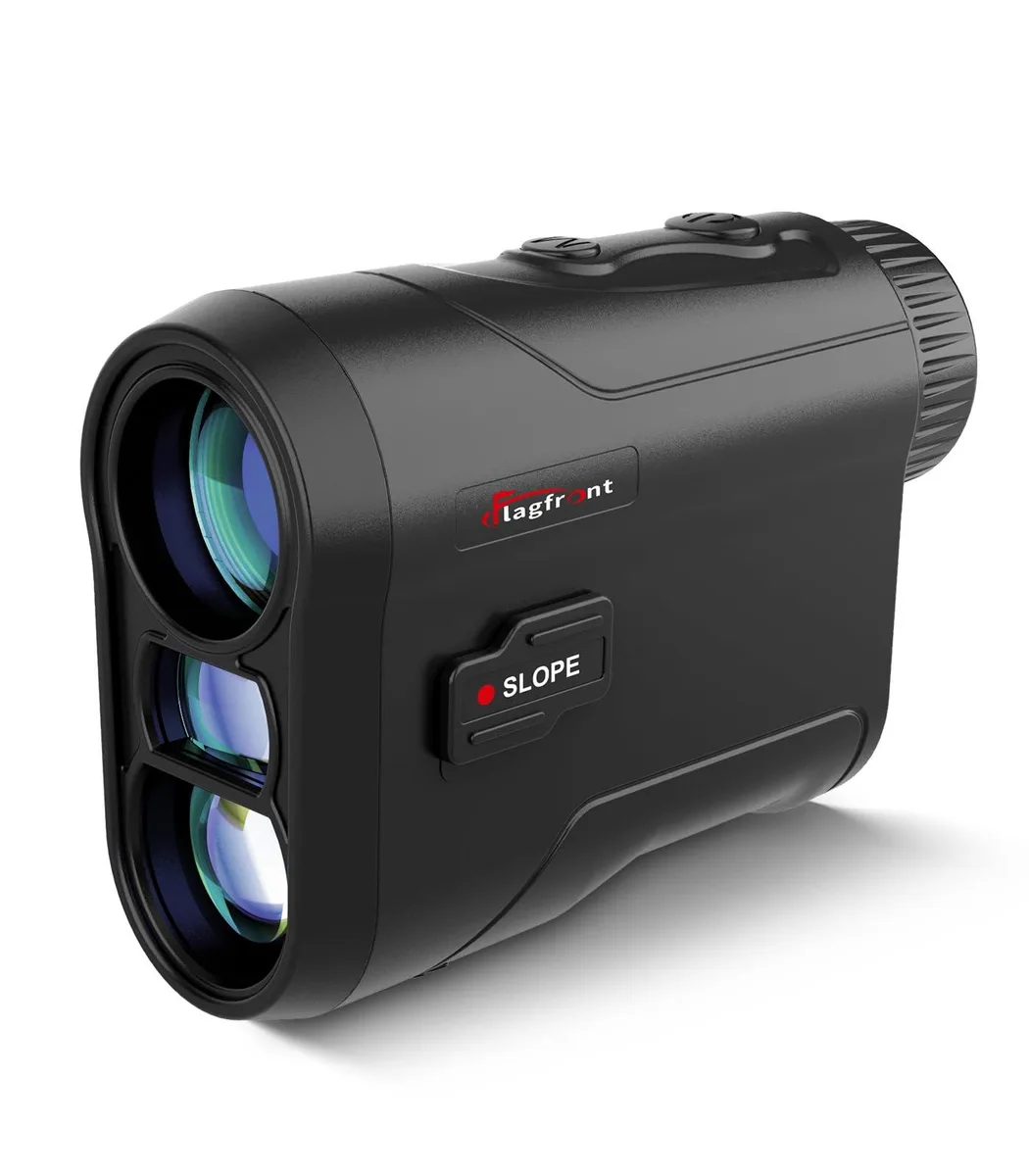 Black handheld golf rangefinder, compact rectangular shape, matte plastic finish, LCD screen and lens visible