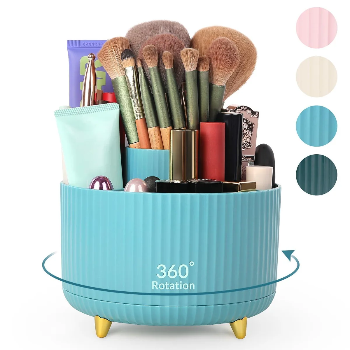 Blue rotating desktop organiser with five compartments, 5.8 inches wide