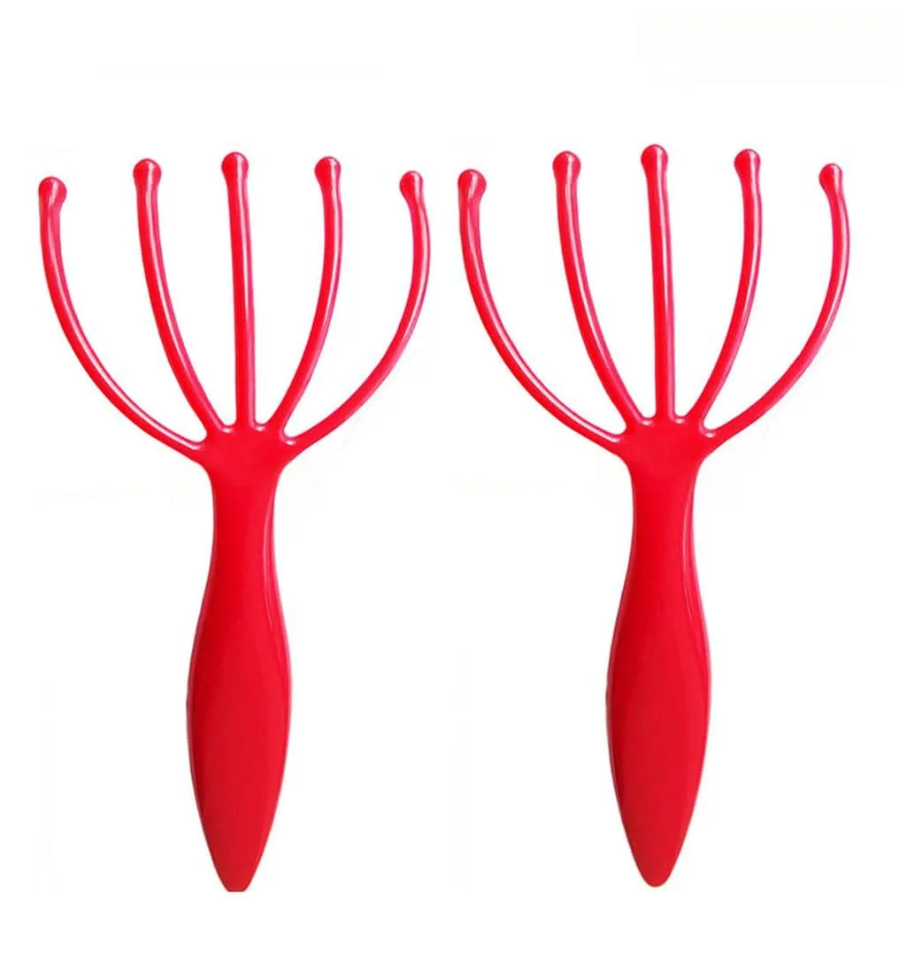 Two red handheld scalp massagers with five flexible prongs each, lightweight resin finish