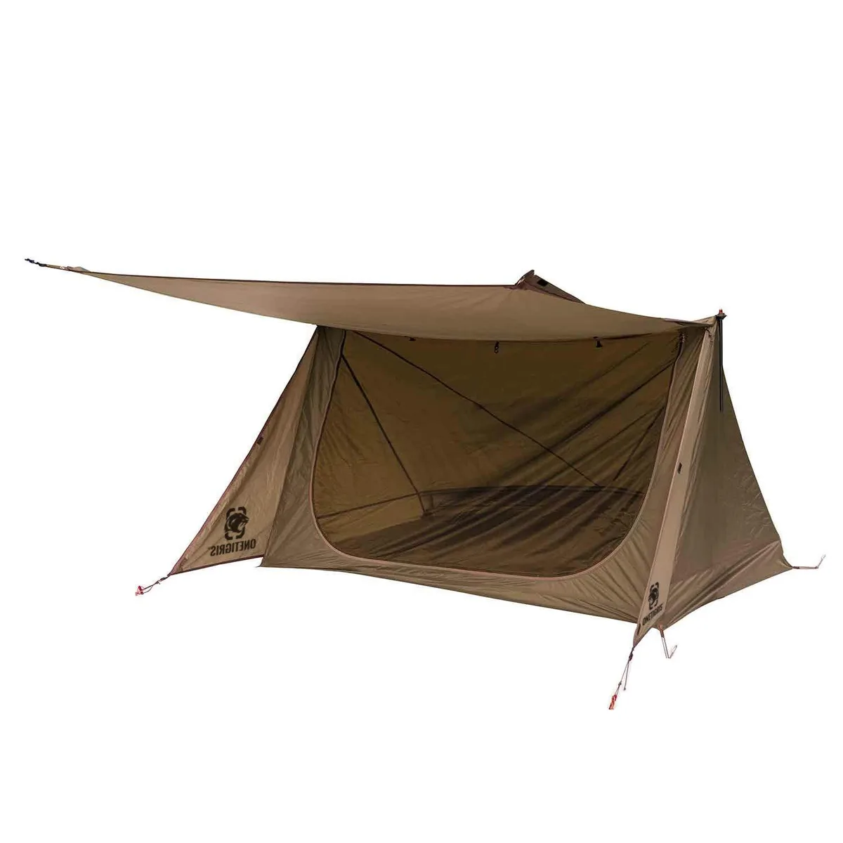 Coyote Brown 2-person tent with front porch and mesh door