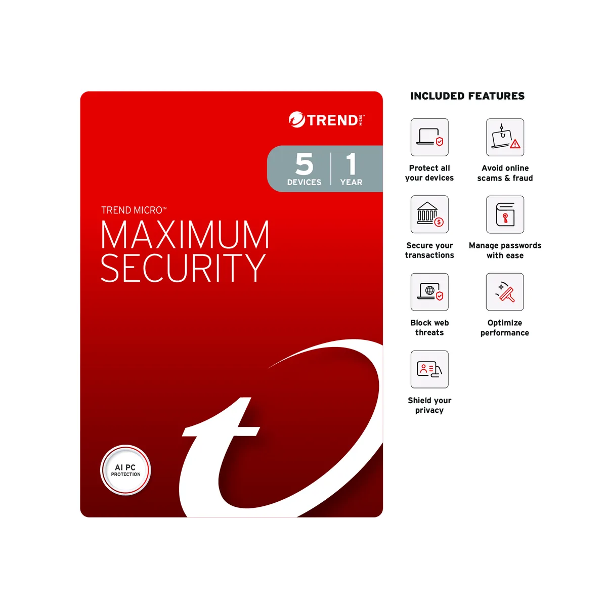 Trend Micro, Inc. Trend Micro, Inc. TMMS8093 Internet Security 5 Devices 1 Year Download — product photo