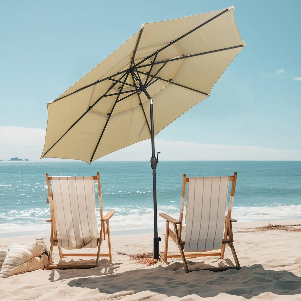 Beige 10 ft three-tier vented patio umbrella with push-button tilt and crank handle