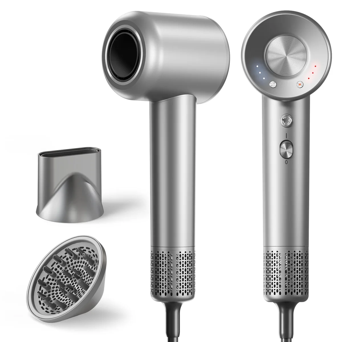 Gray hair dryer, lightweight cylindrical body, matte finish, magnetic diffuser attached