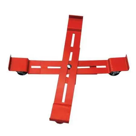 Red steel adjustable drum dolly with X-shaped open deck and four plastic casters
