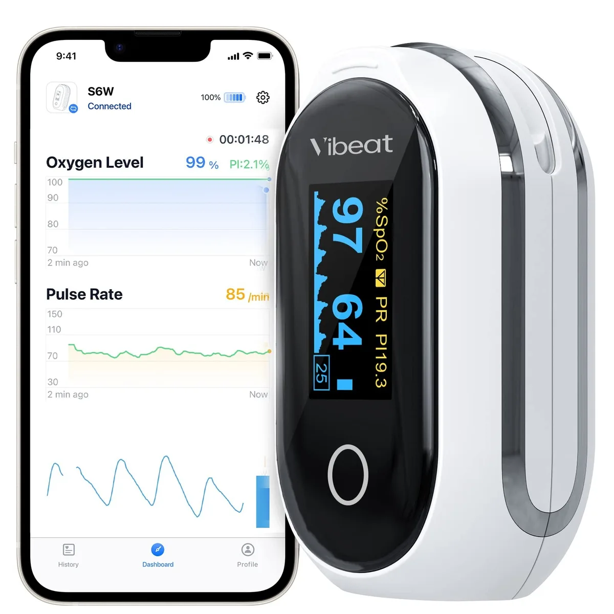 Small white fingertip pulse oximeter with OLED screen and lanyard