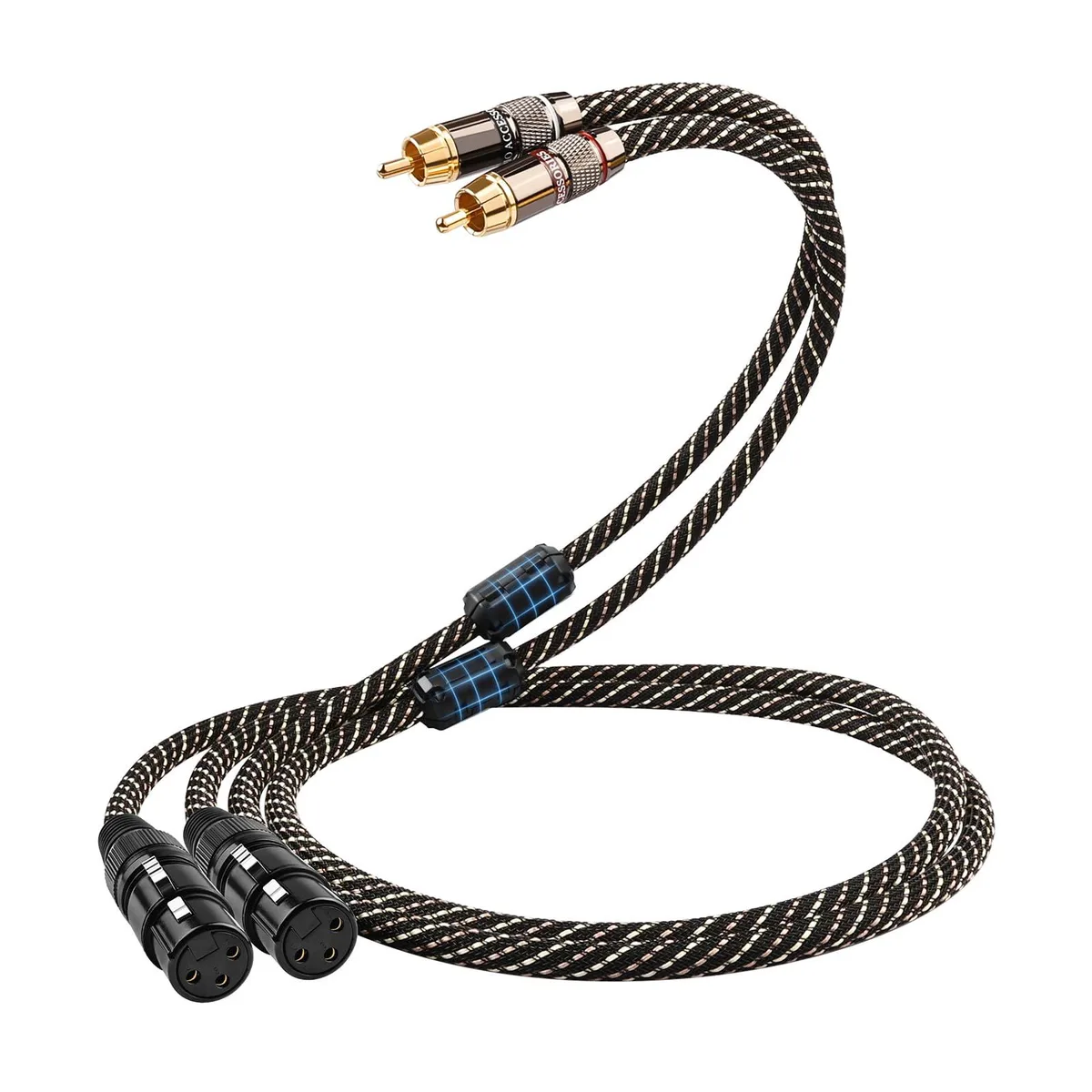 Two braided cables with red and white RCA plugs to XLR sockets