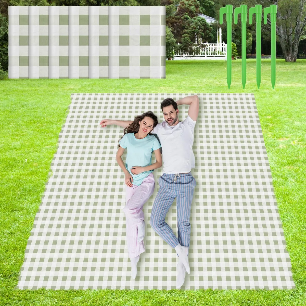 Six folded green and white plaid picnic blankets with four ground spikes