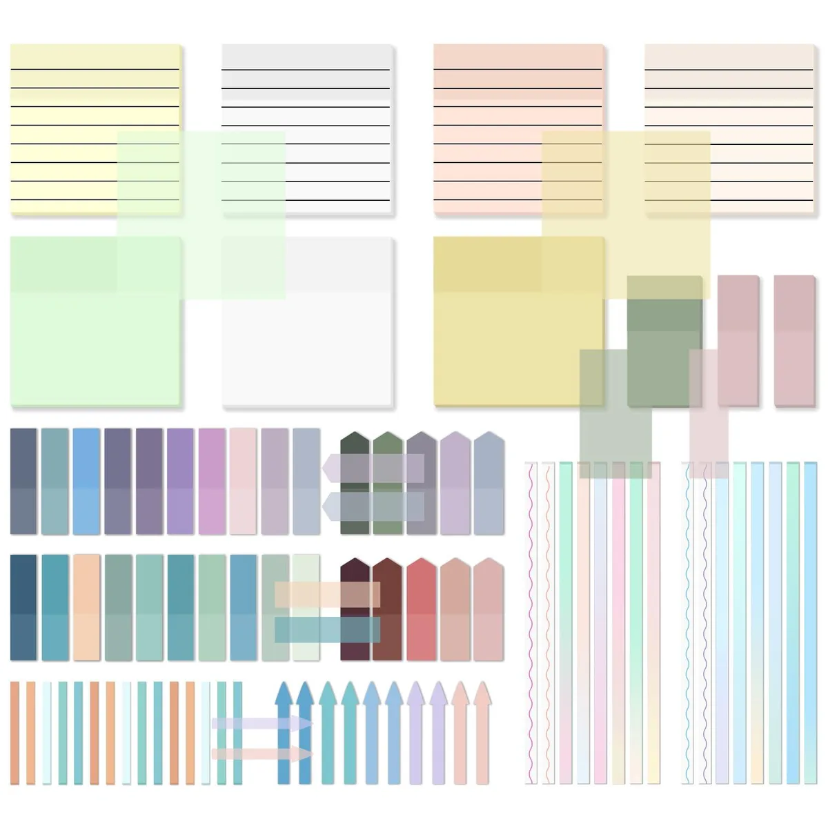 Transparent multicolor sticky notes, 1920 sheets in assorted shapes and sizes