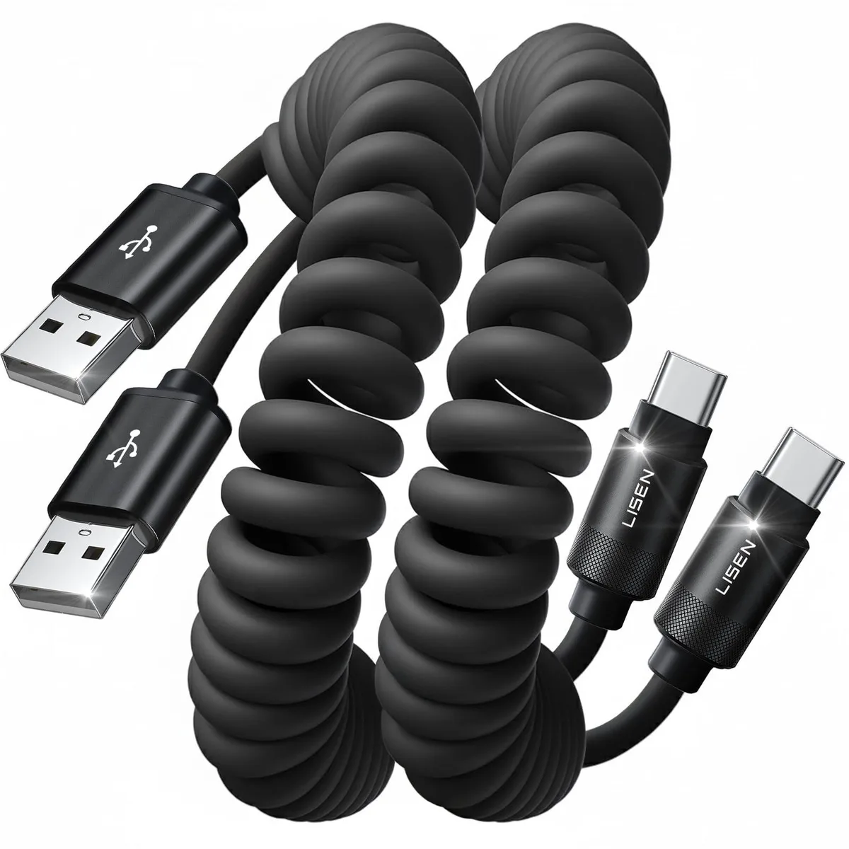 Orange coiled USB-C cable with black connectors, three feet long