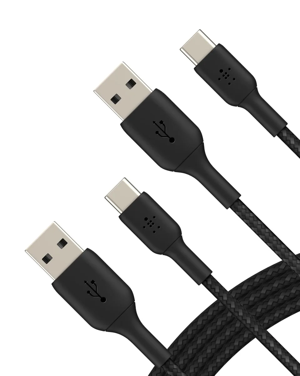 Two orange braided USB-C to USB-A cables coiled together
