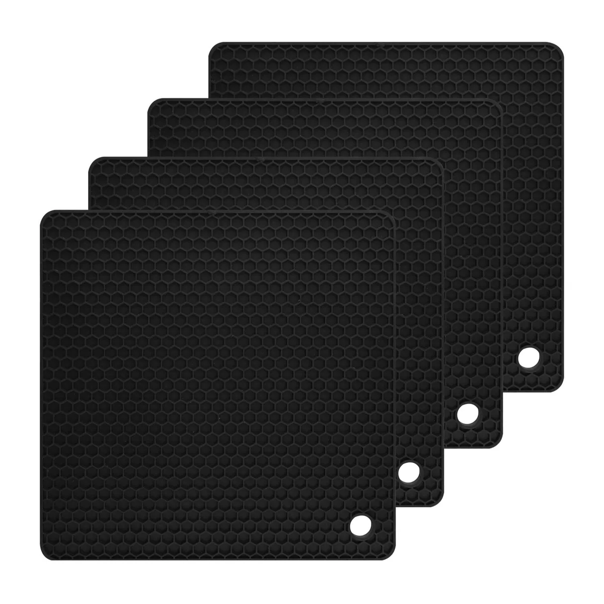 Four black square silicone trivets, 18.5 cm each, 0.6 cm thick, matte finish