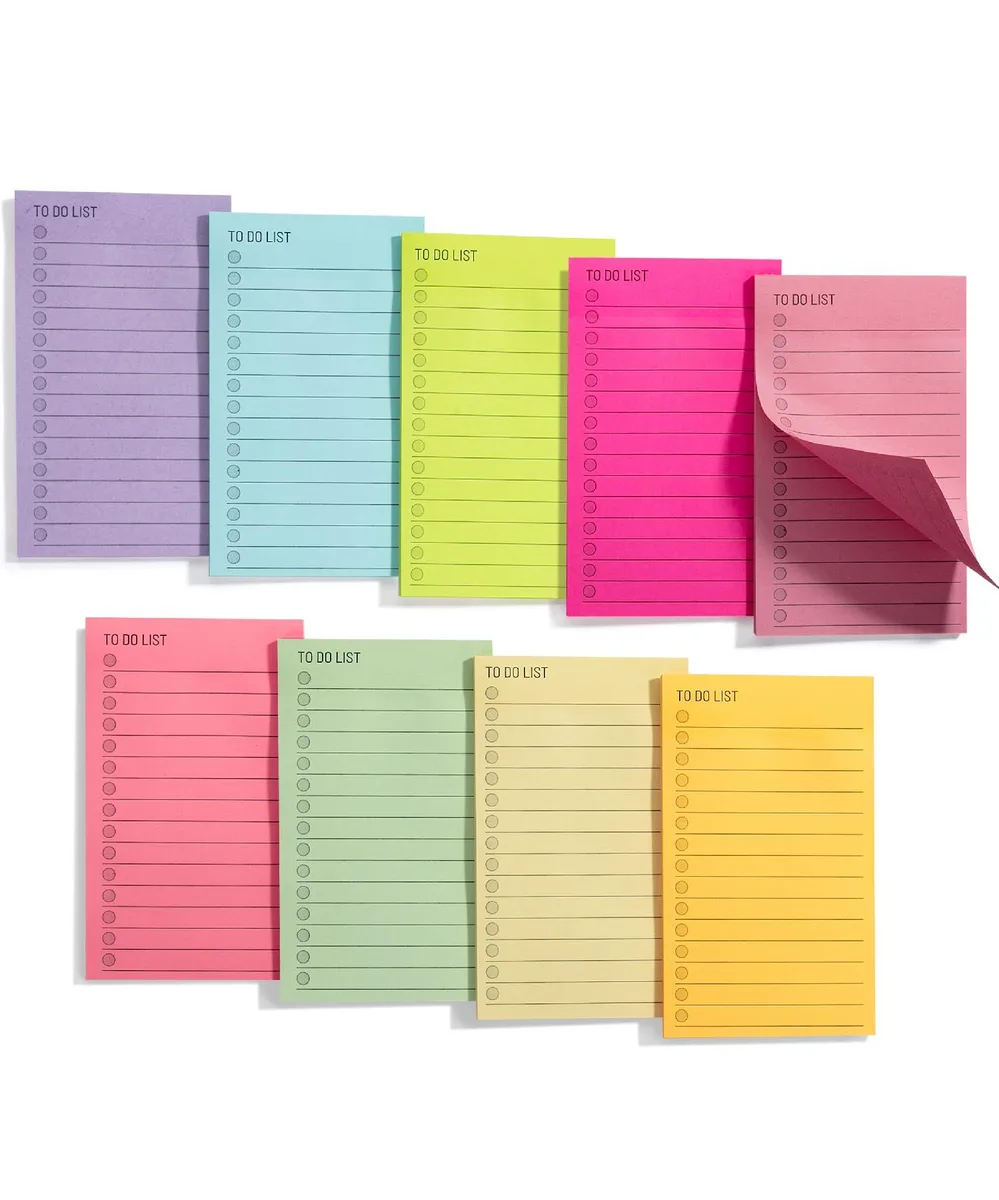 Nine rectangular pads of multicoloured lined sticky notes stacked together