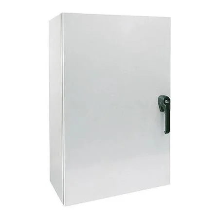 Gray painted carbon steel electrical enclosure with hinged solid cover, three-point latch handle and keyed padlock provision