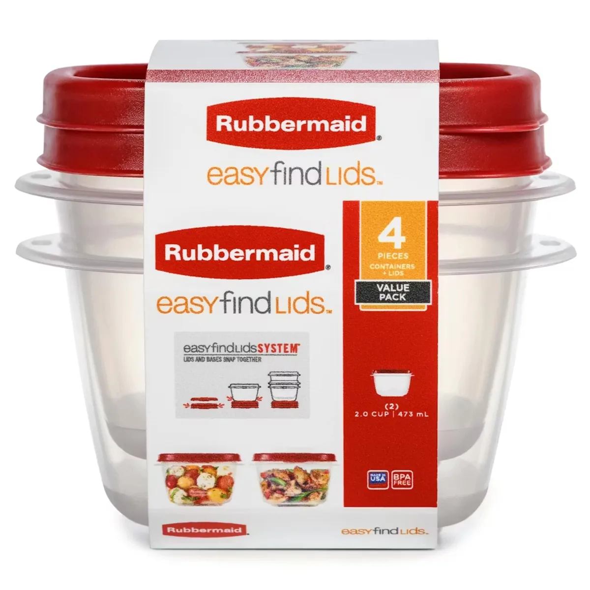 Four red rectangular food containers with matching snap-on lids