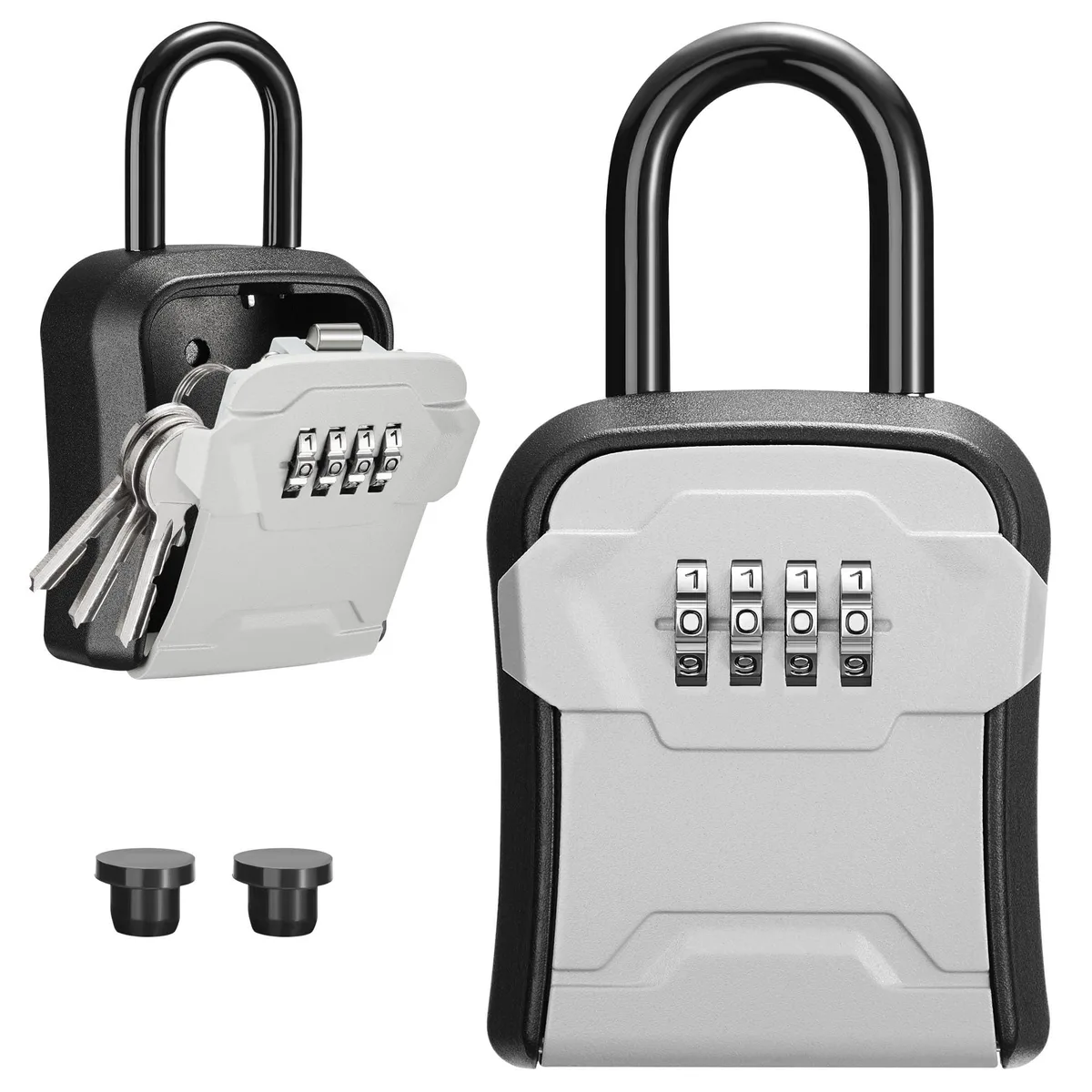 Black metal lock box with shackle and combination dials