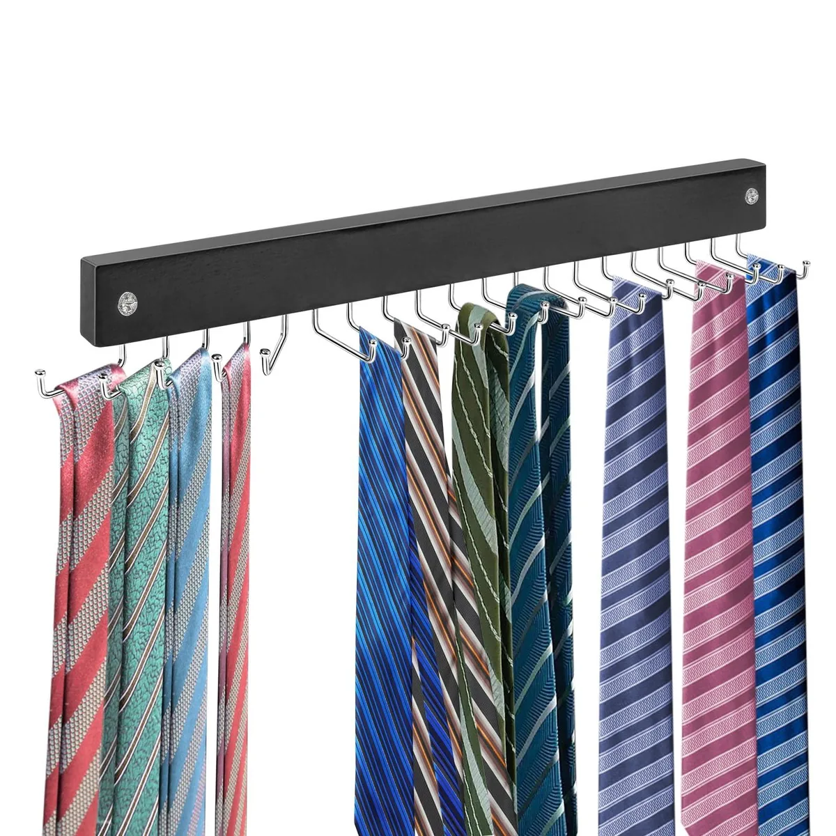 Wall-mounted wooden tie rack with 20 rotatable black hooks