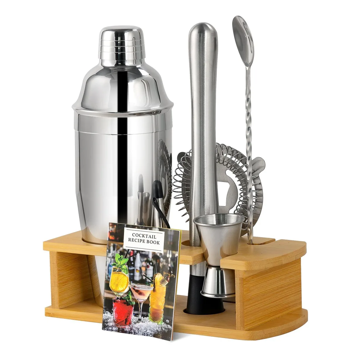 Eight-piece stainless steel bar set with 24oz shaker on wooden stand