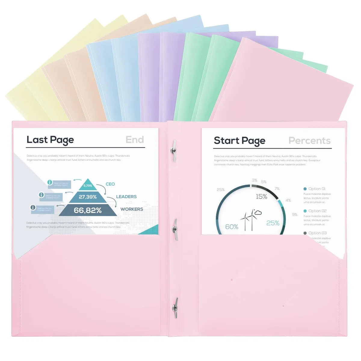 Pack of twelve pastel plastic file folders with two pockets and three prongs