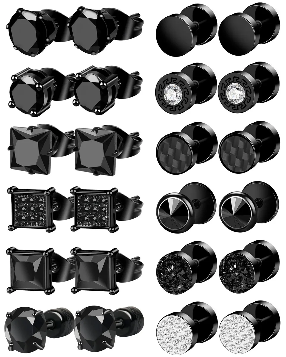  ONESING 12 Pairs Black Stud Earrings 316L Stainless Steel OUW0577-1 — product photo