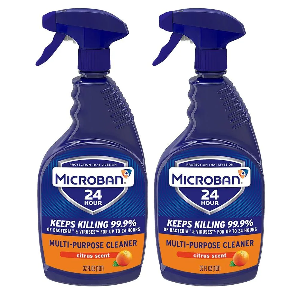Two 32 oz blue spray bottles with citrus scent, white caps, standing side by side