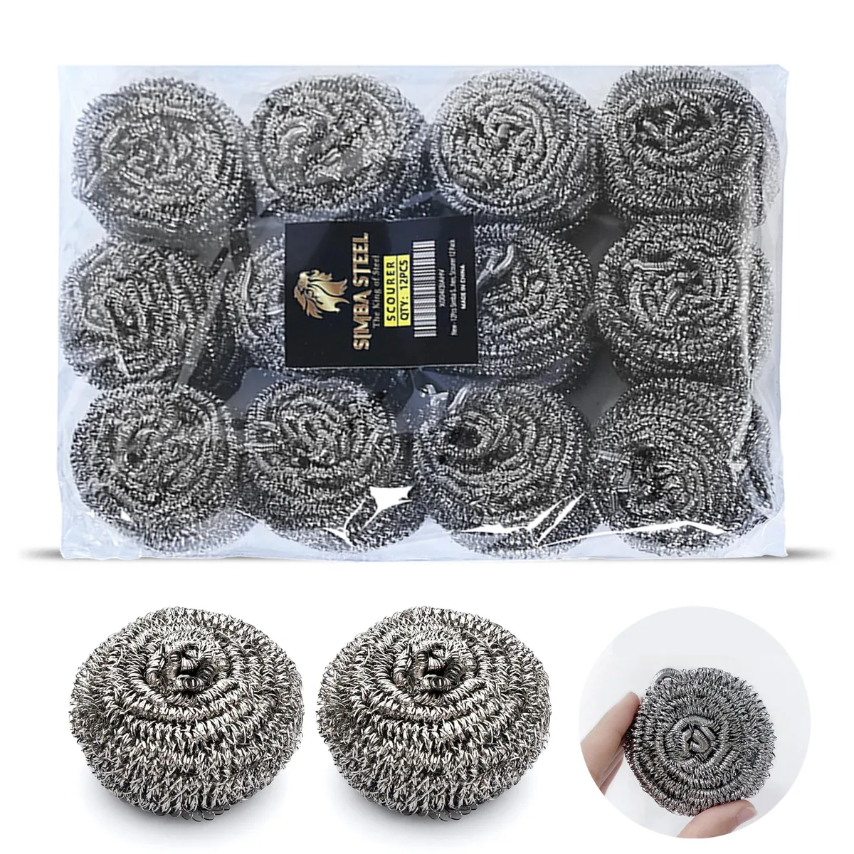Twelve fine steel wool scourers in a rectangular pack