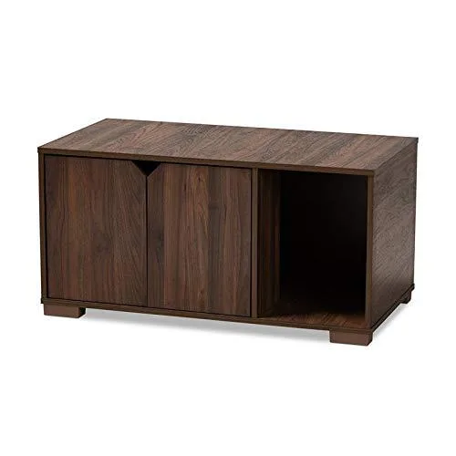 Walnut brown wooden cat litter box enclosure with two doors and side entry