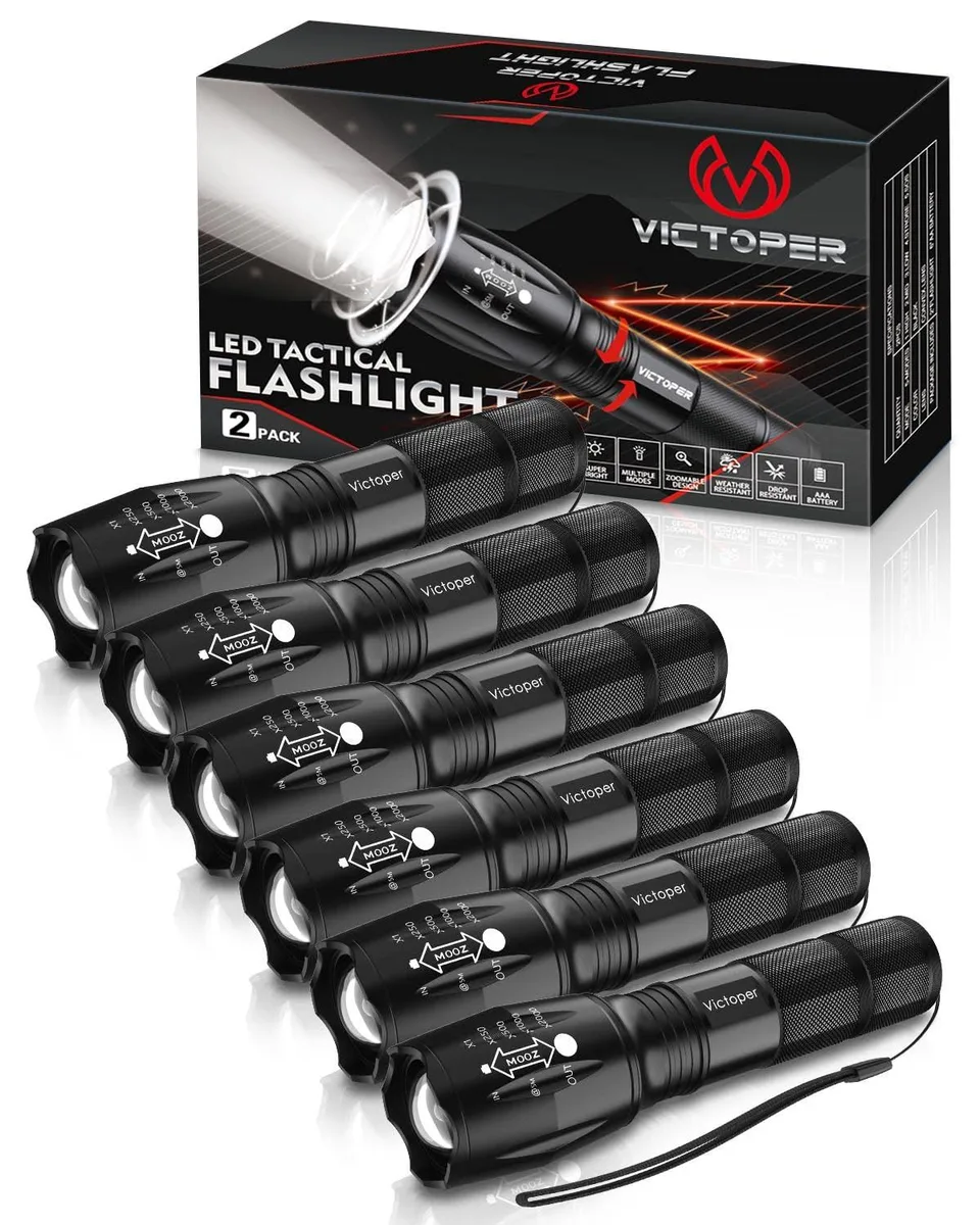 Six matte-black aluminium tactical flashlights with knurled grips and zoomable heads, 18 x 1.2 x 1.2 inches each