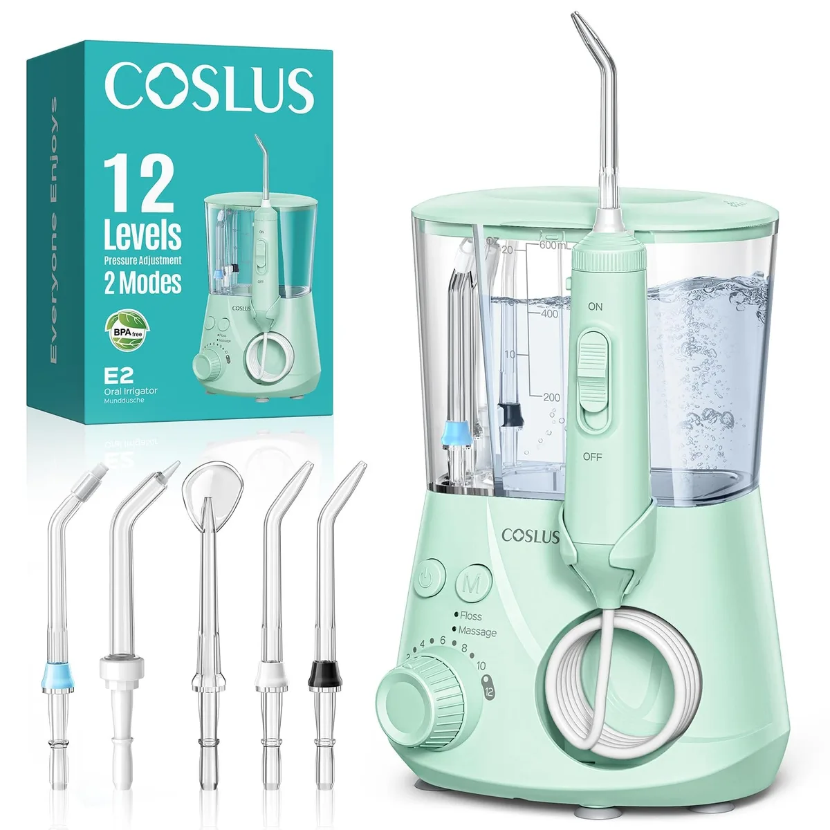 White countertop water flosser with 600ML tank, green accents, upright nozzle storage, corded electric