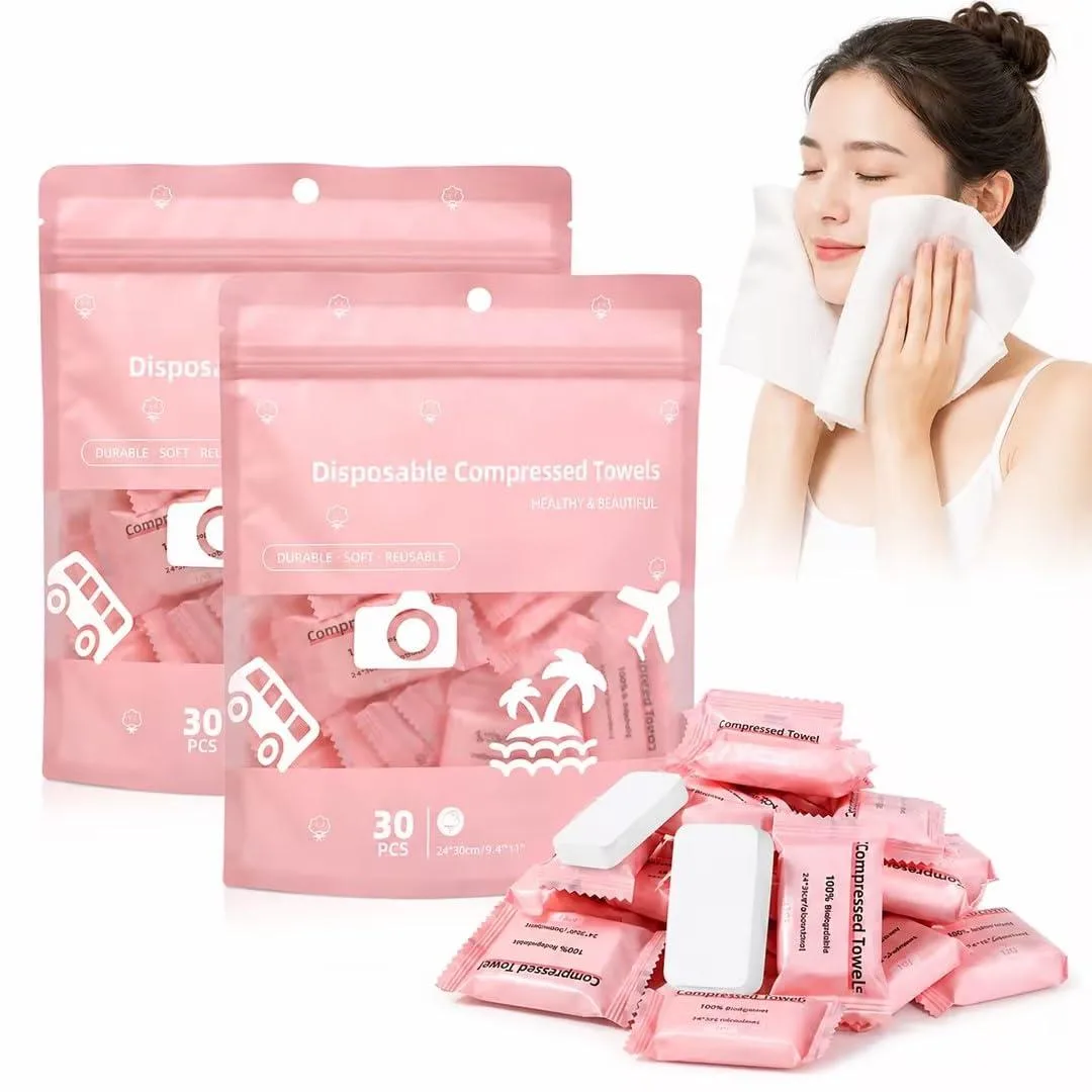 A box of compressed coin-sized towels that expand when wet
