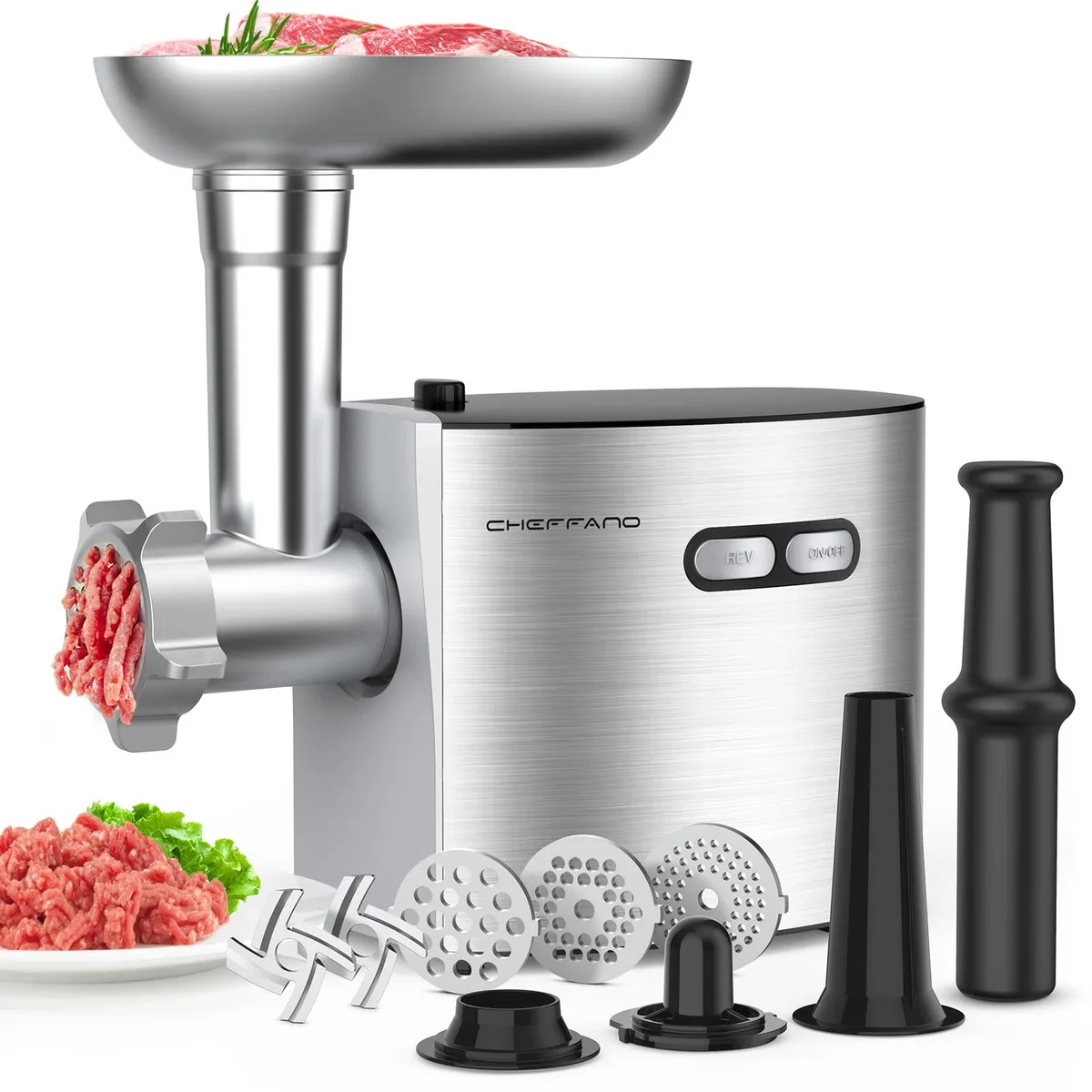 Silver electric meat grinder with hopper and accessories