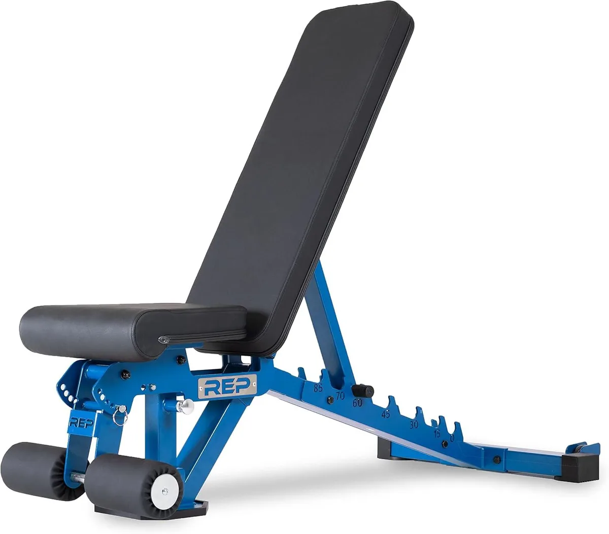Foldable steel FID bench with wheels, black vinyl pads, compact frame