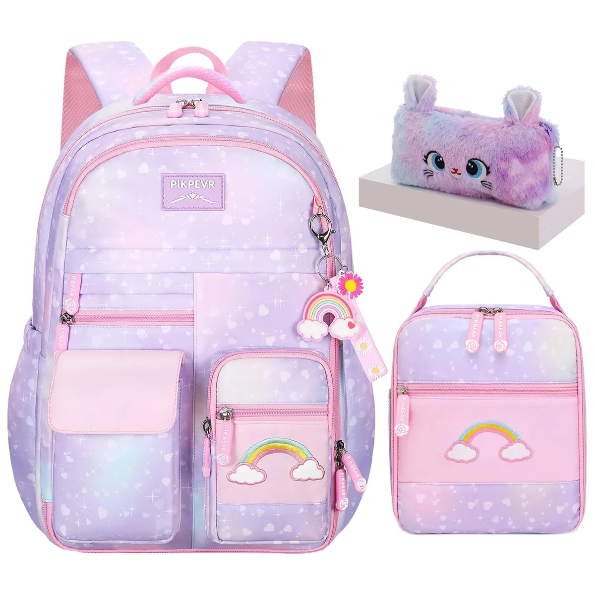 Three-piece rainbow polyester backpack set with matching lunch bag and plush pencil case