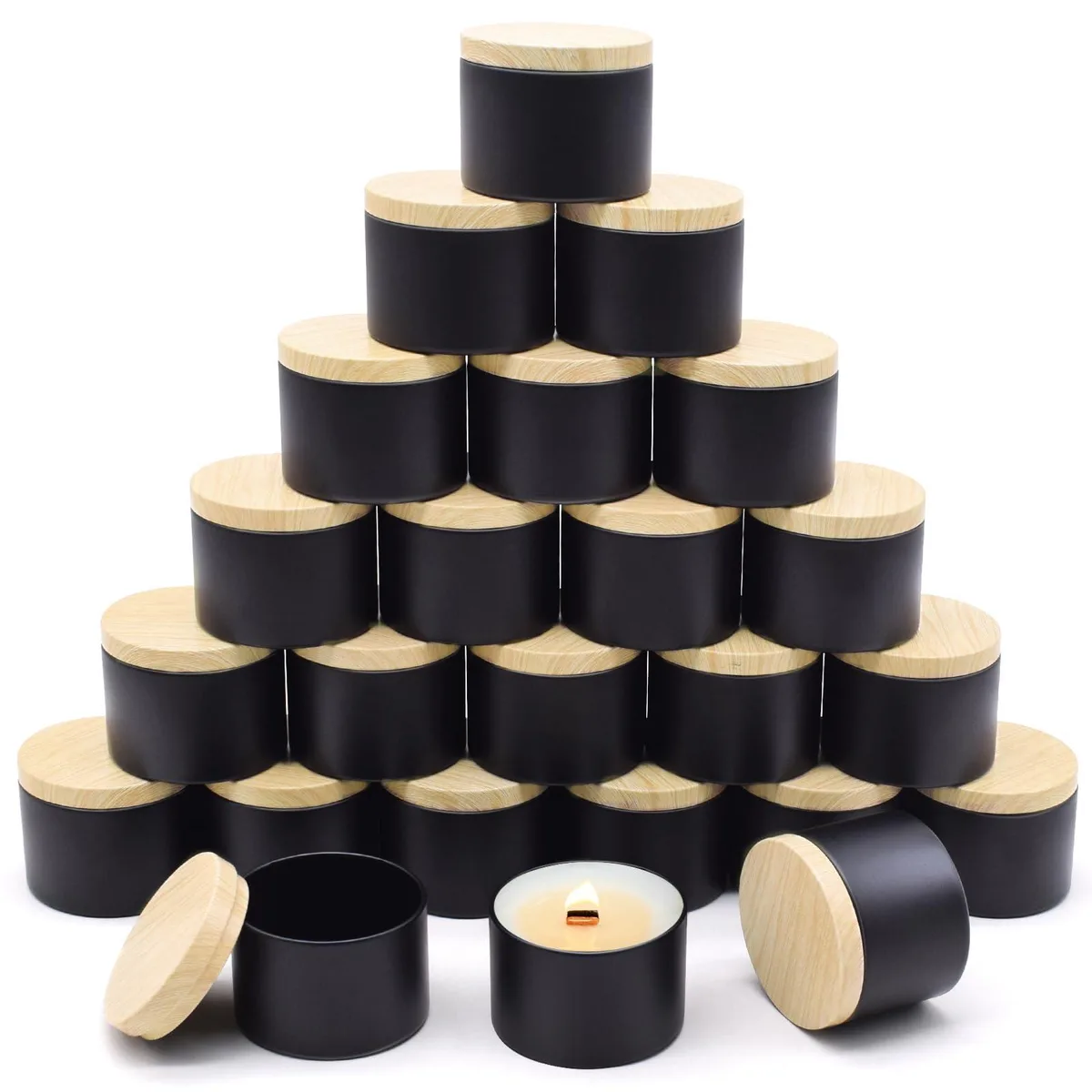  YJHSS Candle Tins 4oz 24-Pack Wood-Grain Lids Black — product photo