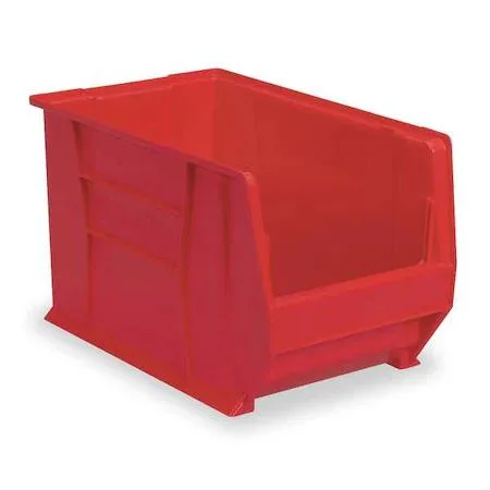 Red industrial polymer storage bin 20x18x12 inches with molded handle