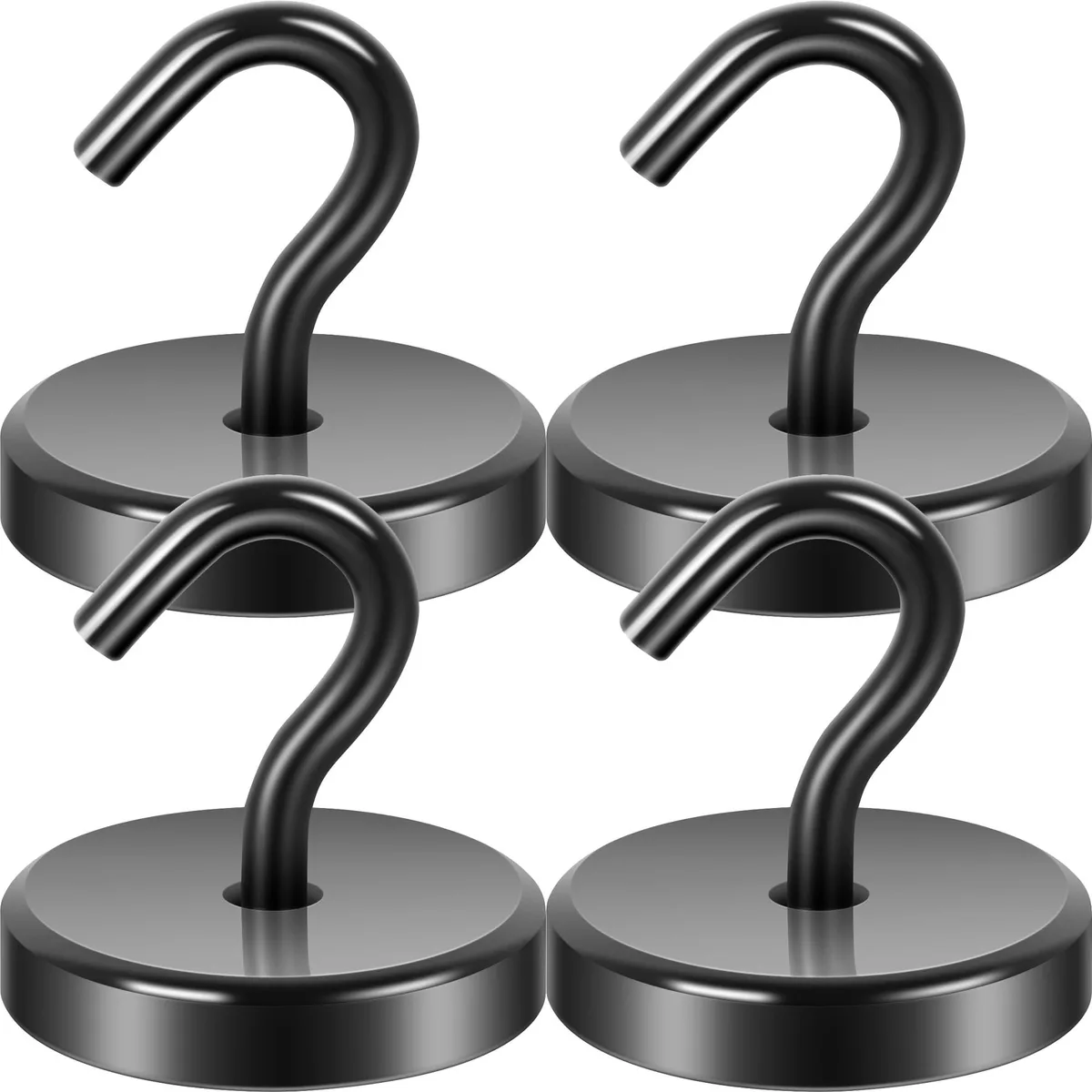 Four black metal magnetic hooks with mirror finish