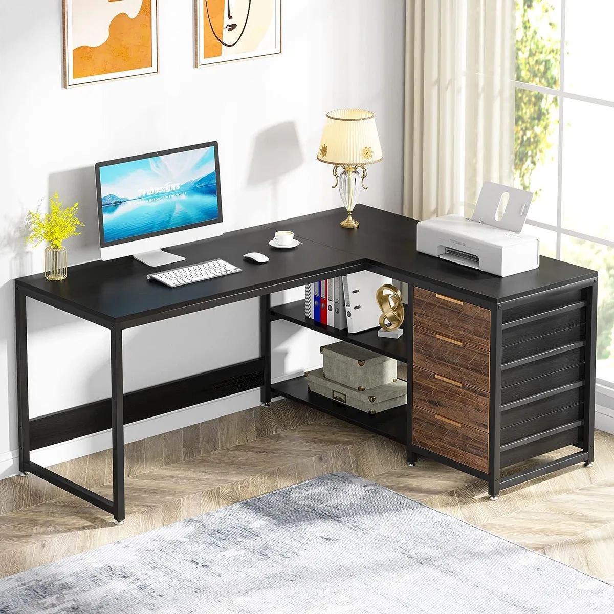BFKK BFKK 59" L-Shaped Computer Desk with Storage Drawers and Shelves, Reversible, Black — product photo