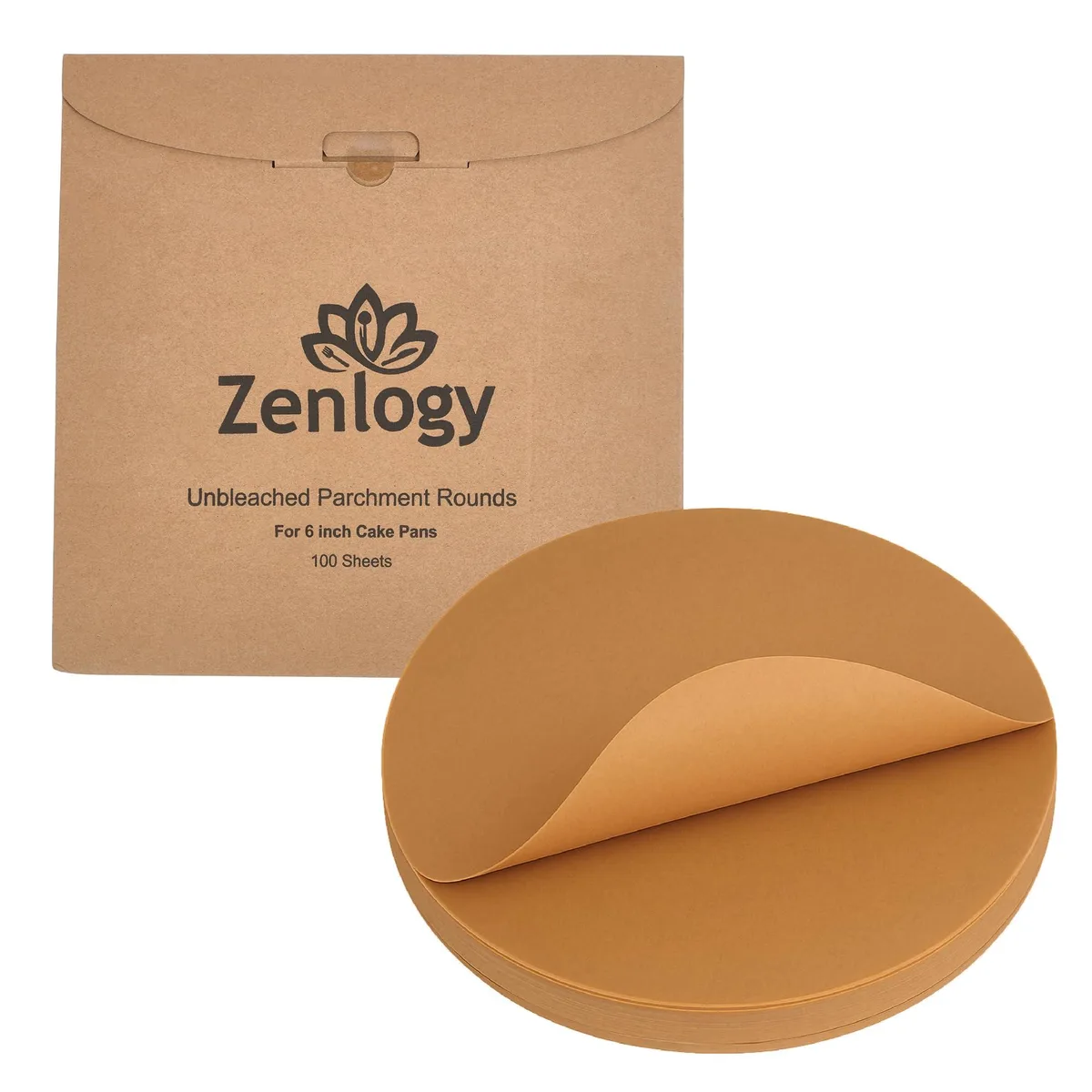 Zenlogy Parchment Paper Rounds 100 Sheets 6 inch Unbleached Pre-cut High Heat 450°F — product photo