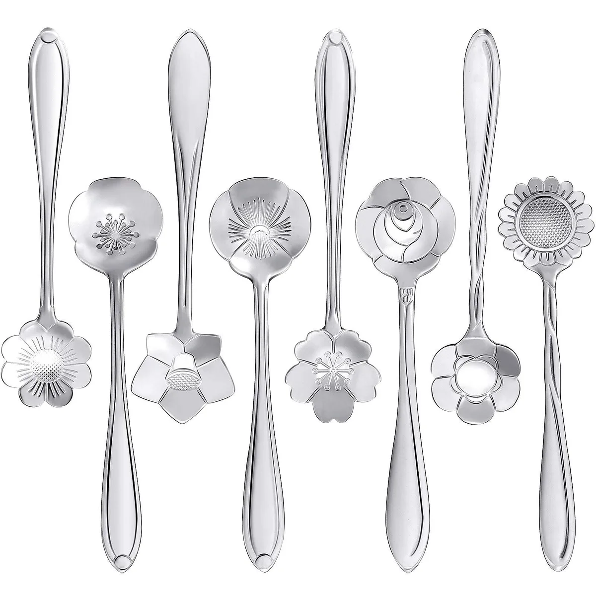 Sixteen silver stainless steel teaspoons with eight different flower patterns on the handles