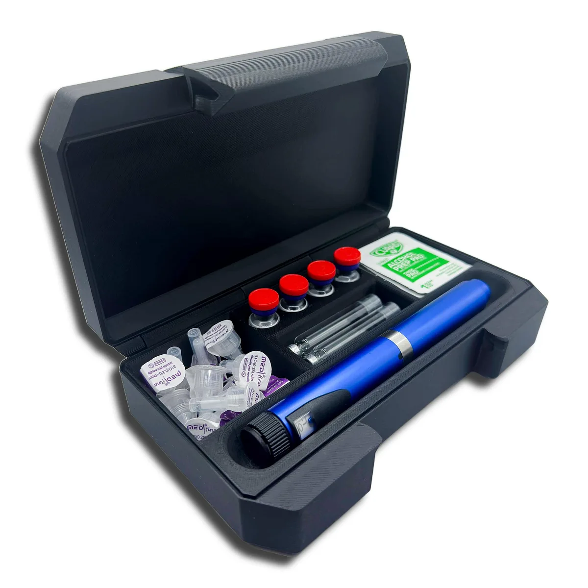 Black plastic laboratory pen case with snap-latch lid, compact rectangular form, holds one pen four vials cartridges needles wipes