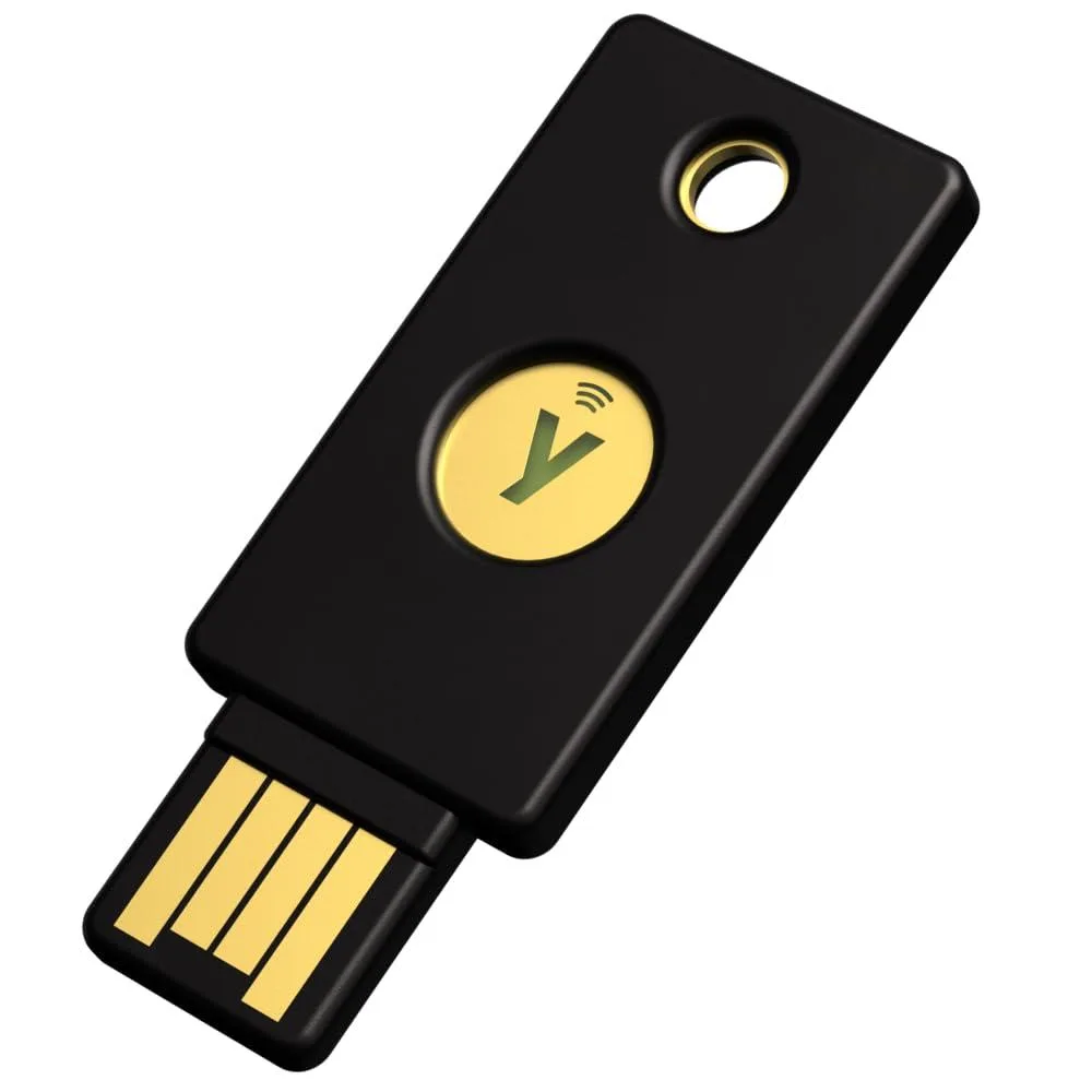 Small black rectangular USB-A security key with NFC, 8.5 by 5.5 by .1 cm