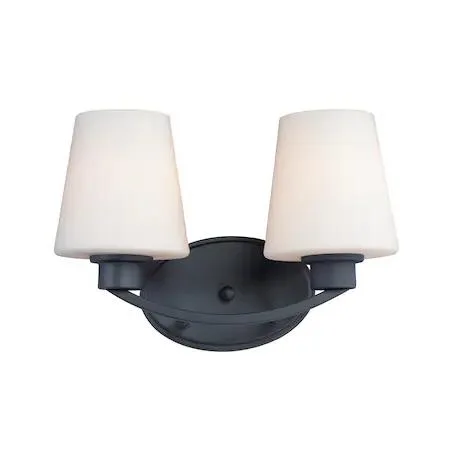 Black vanity light with two tapered satin white glass shades on curved rectangular tubing frame